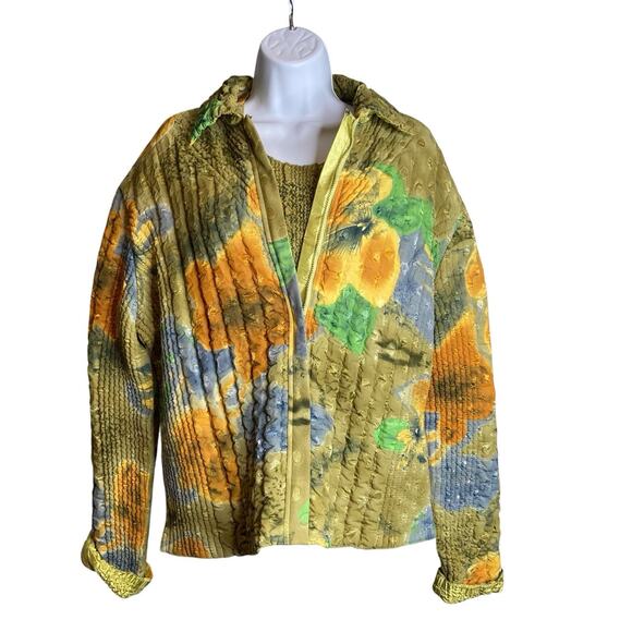 Art To Wear Olive Green Floral Crinkle Zip Up Tank Top Jacket Set One Size Boho - Picture 1 of 16